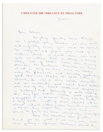 HEMINGWAY, ERNEST. Letter Signed, Ernest / His mark EH, to Bill Davis (Dear Negro),